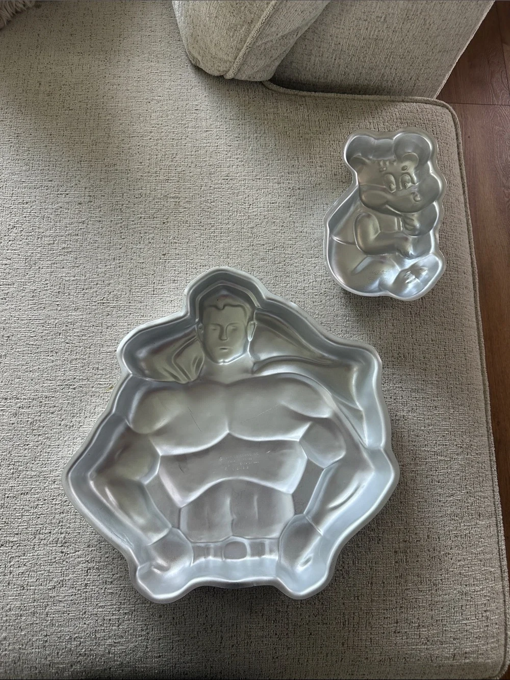 Vintage Wilton Cake Pan Lot - 1977 Superman & 1975 Honey Bear Aluminum Molds